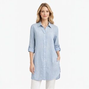 Tahari 100% Linen Tunic Button Up Shirt
Blue Roll Tab Sleeve XL